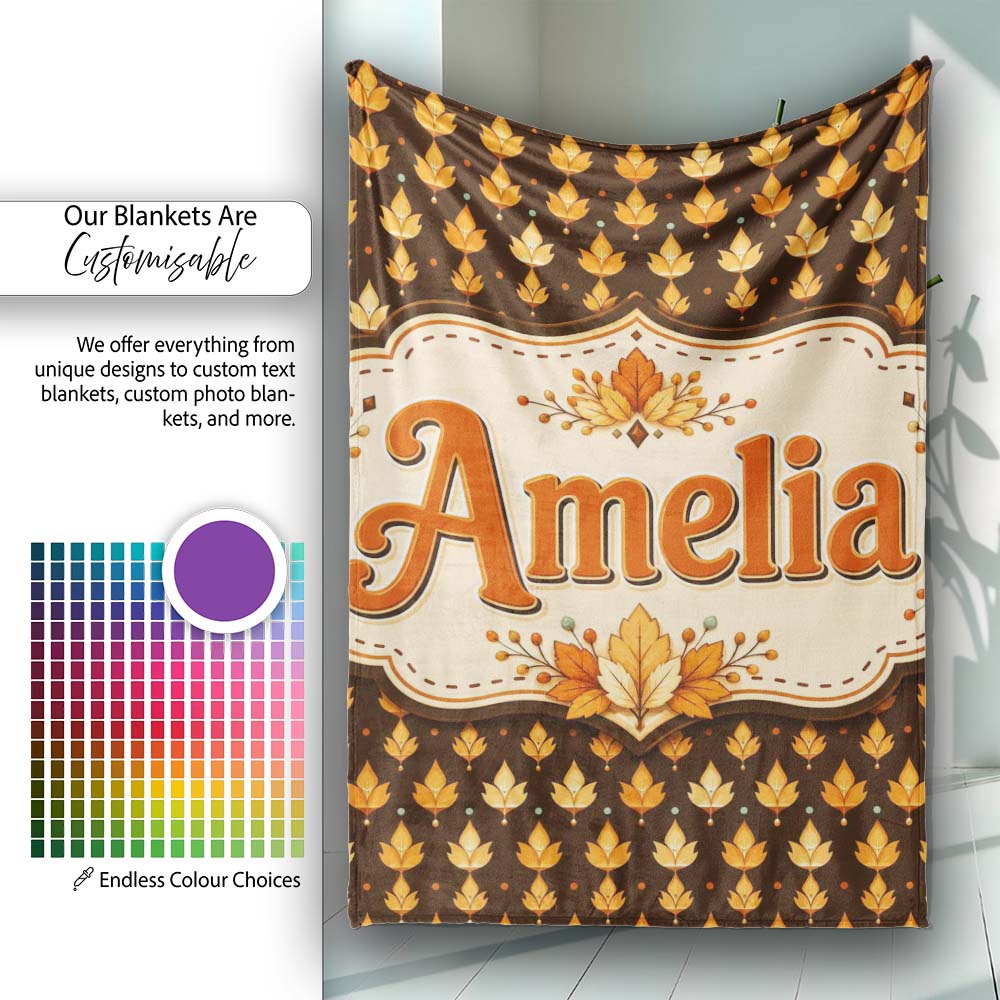 Autumn Golden Leaf Seamless Pattern on Dark Brown Background Lovely Personalised Custom Name Super Soft Fleece Blanket Bed Sofa Throw