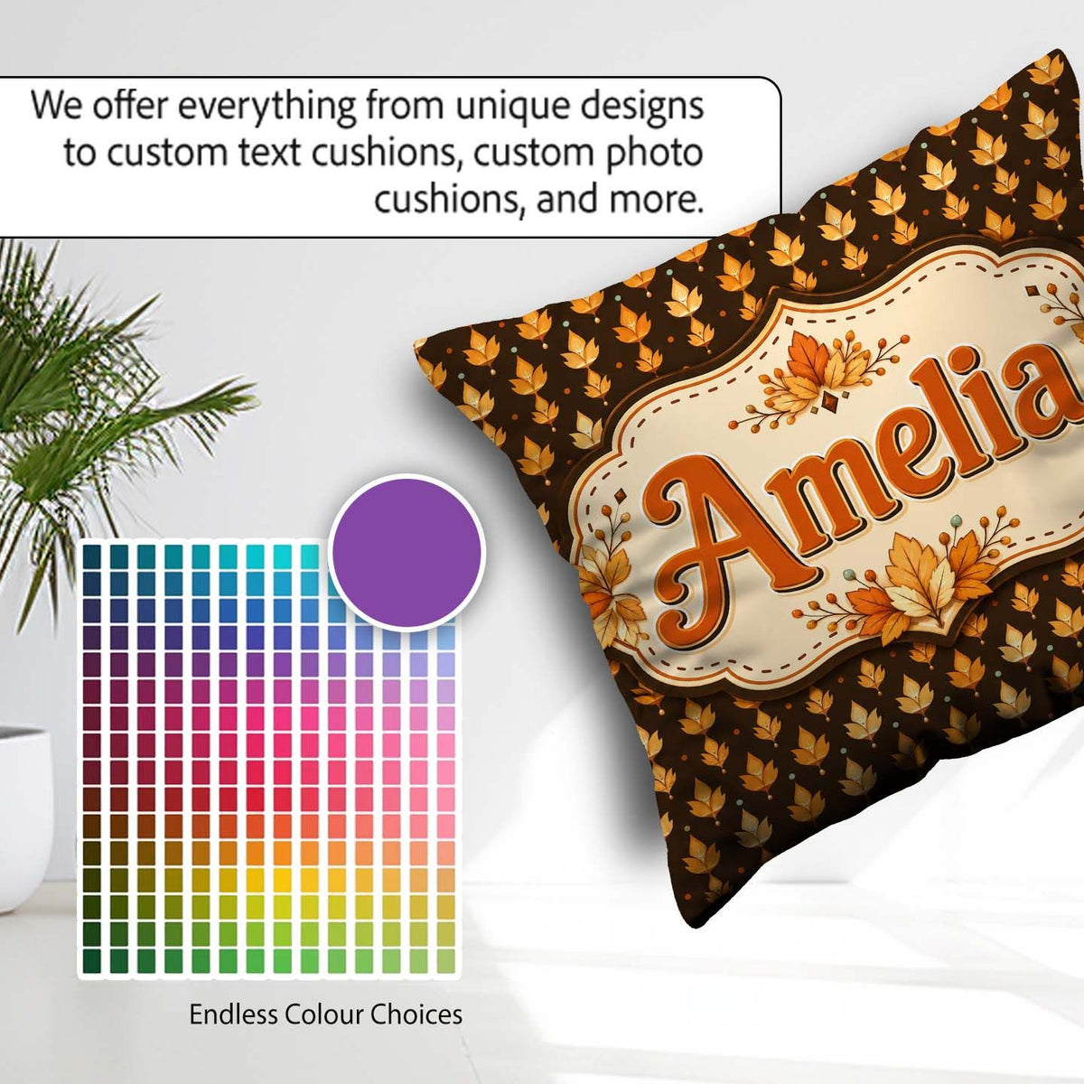 Custom Name Autumn Golden Leaf Seamless on Dark Brown Background Square Filled Cushion Throw Pillow Sofa Bed Home Decor Zip Washable UK Made