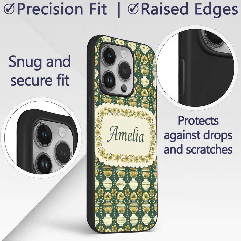 Elegant Vintage Vase Floral Green Printed Design Custom Name Protective Phone Case Mobile Cover Durable Everyday Smartphone Shock Resistant