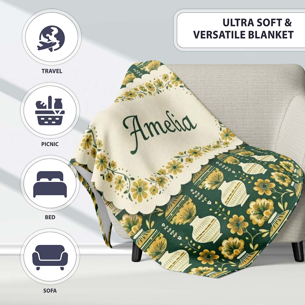 Elegant Vintage Vase Floral Green Seamless Pattern Name Cute Unique Personalised Custom Name Super Soft Fleece Blanket Bed Sofa Throw