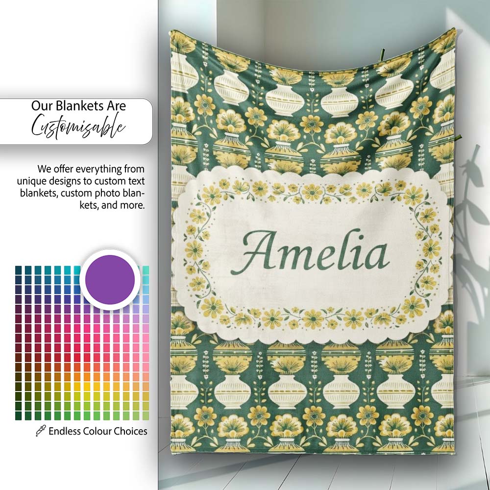 Elegant Vintage Vase Floral Green Seamless Pattern Name Cute Unique Personalised Custom Name Super Soft Fleece Blanket Bed Sofa Throw