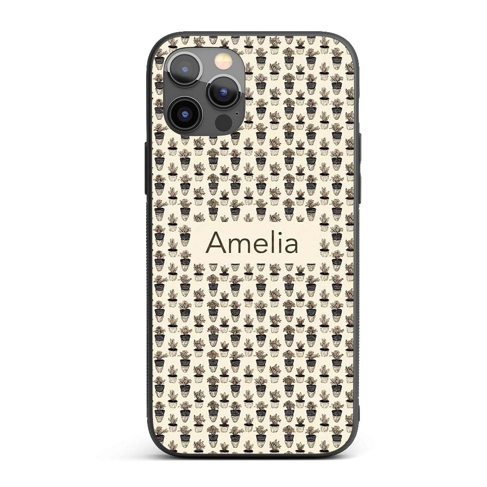 Minimal Black White Plant Pots Botanical Seamless Custom Name Protective Phone Case Mobile Cover Durable Everyday Smartphone Shock Resistant