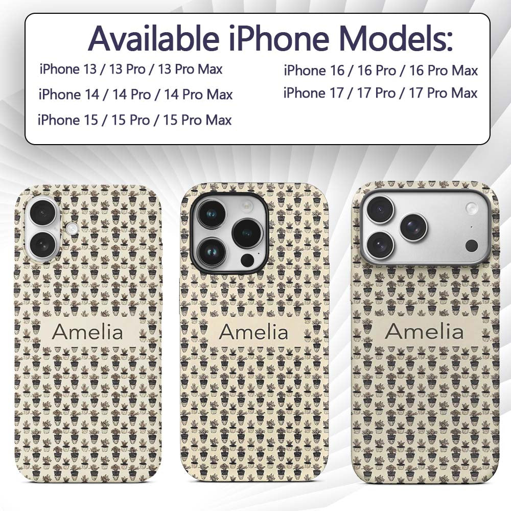 Minimal Black White Plant Pots Botanical Seamless Custom Name Protective Phone Case Mobile Cover Durable Everyday Smartphone Shock Resistant
