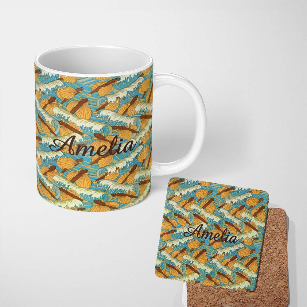 Personalized Custom Name Retro Flying Fish Ocean Waves Seamless Pattern Name Cute Unique Gift 11oz Ceramic Coffee Tea Mug White Large Handle