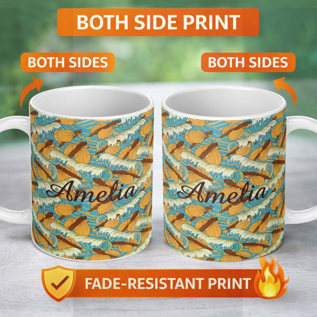 Personalized Custom Name Retro Flying Fish Ocean Waves Seamless Pattern Name Cute Unique Gift 11oz Ceramic Coffee Tea Mug White Large Handle