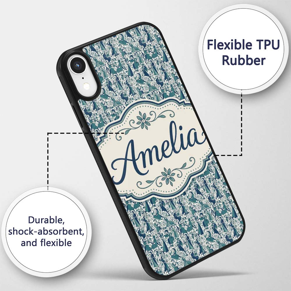 Elegant Blue Art Nouveau Women Seamless Pattern Custom Name Protective Phone Case Mobile Cover Durable Everyday Smartphone Shock Resistant