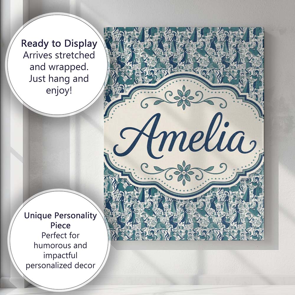 Personalised Name Elegant Blue Nouveau Custom Unique Gift Idea Modern Room Accent Canvas Wall Art Print Decor Picture Ready to Hang