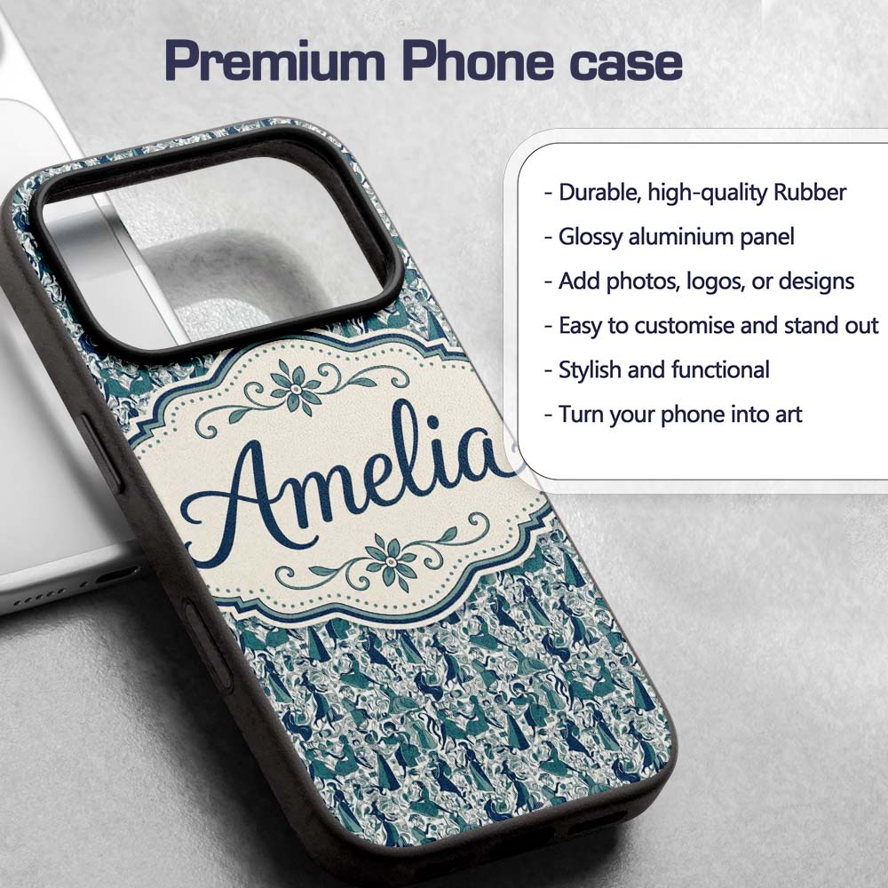 Elegant Blue Art Nouveau Women Seamless Pattern Custom Name Protective Phone Case Mobile Cover Durable Everyday Smartphone Shock Resistant
