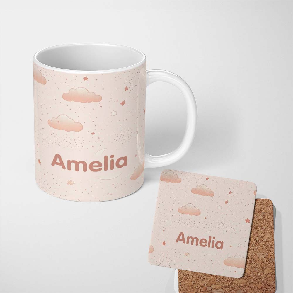 Personalized Custom Name Cute Moon Stars Clouds Pastel Seamless Pattern Name Unique Gift 11oz Ceramic Coffee Tea Mug White Large Handle