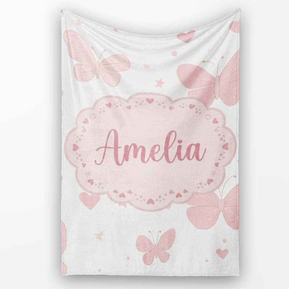 Soft Pink Butterflies Hearts Seamless Pattern Cute Personalised Custom Name Super Soft Fleece Blanket Bed Sofa Throw