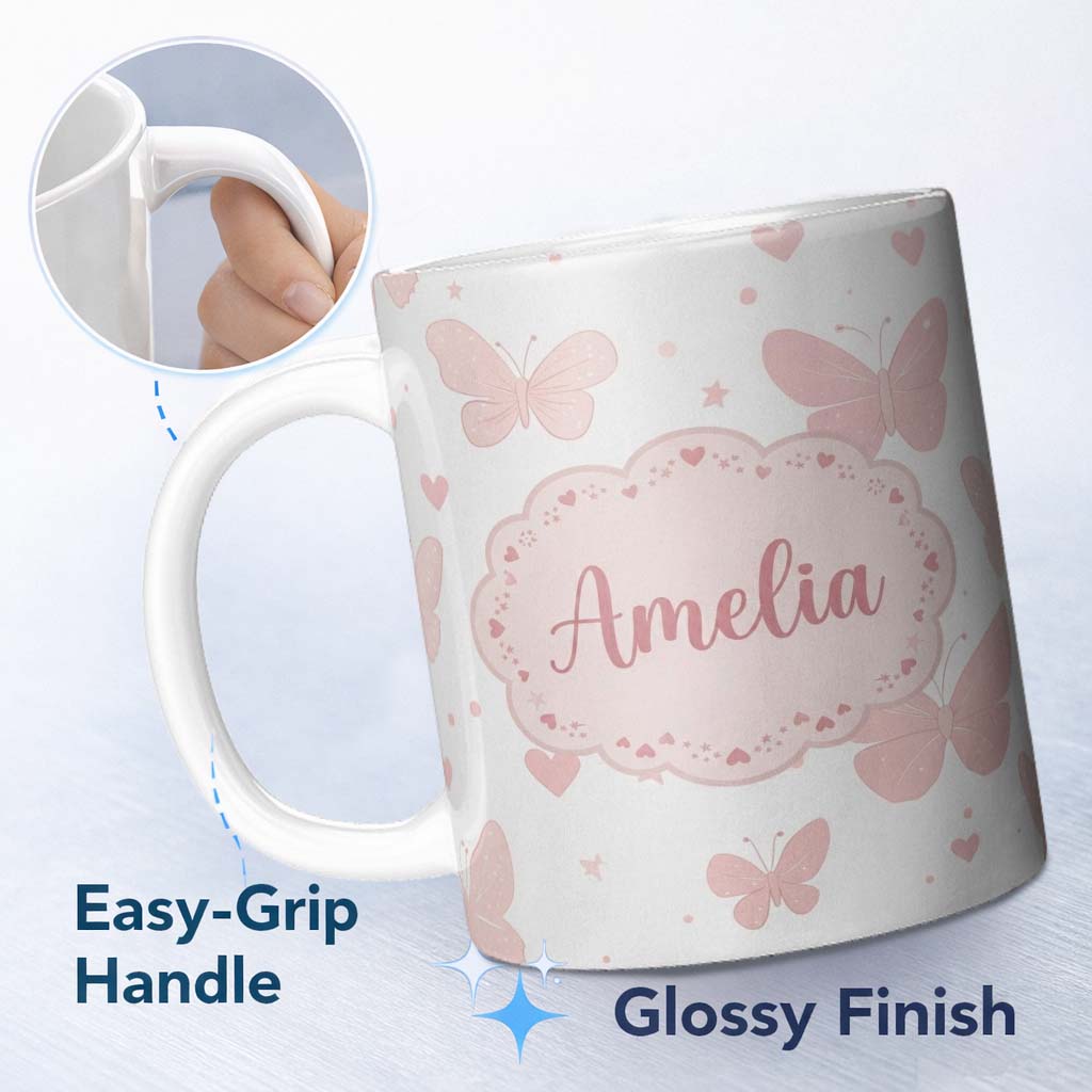 Personalized Custom Name Soft Pink Butterflies Hearts Seamless Pattern Custom Name Cute 11oz Ceramic Coffee Tea Mug White Large Handle