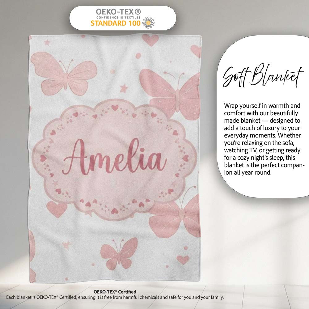 Soft Pink Butterflies Hearts Seamless Pattern Cute Personalised Custom Name Super Soft Fleece Blanket Bed Sofa Throw