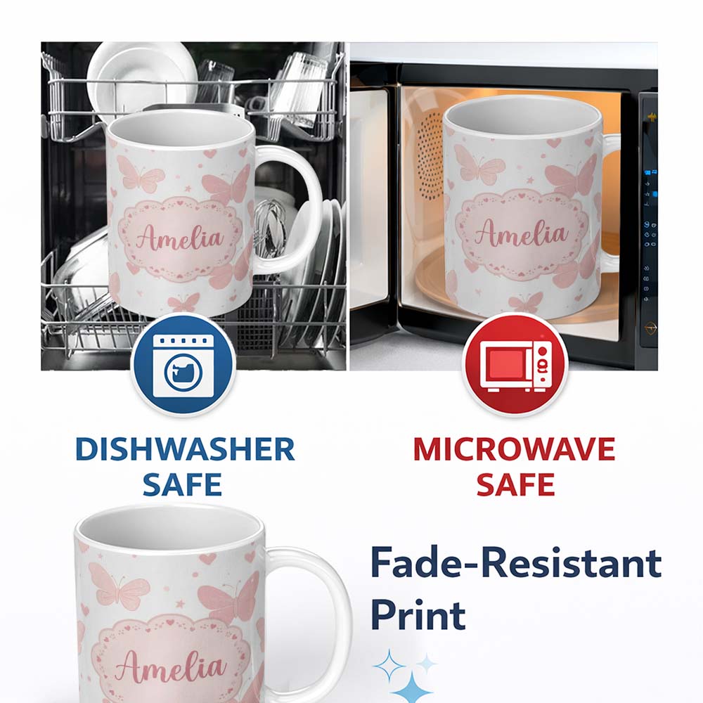 Personalized Custom Name Soft Pink Butterflies Hearts Seamless Pattern Custom Name Cute 11oz Ceramic Coffee Tea Mug White Large Handle