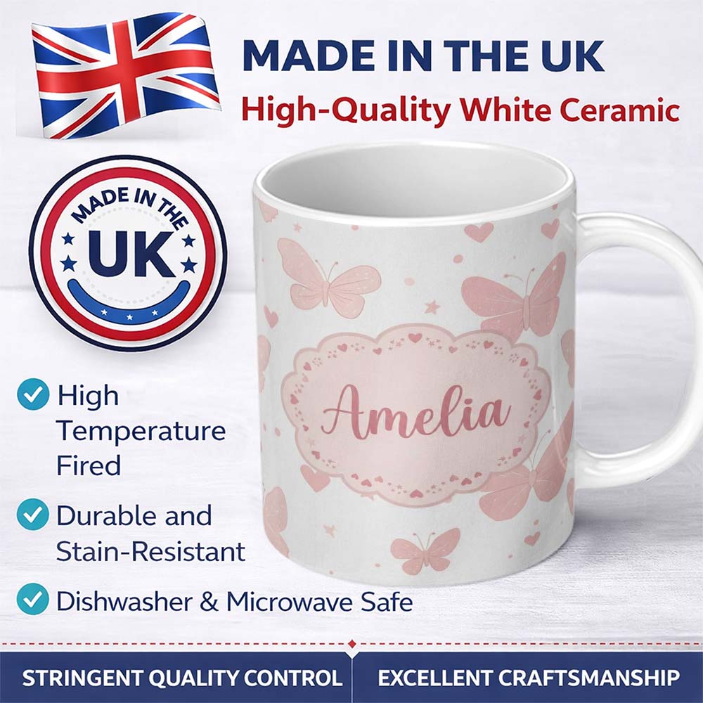 Personalized Custom Name Soft Pink Butterflies Hearts Seamless Pattern Custom Name Cute 11oz Ceramic Coffee Tea Mug White Large Handle
