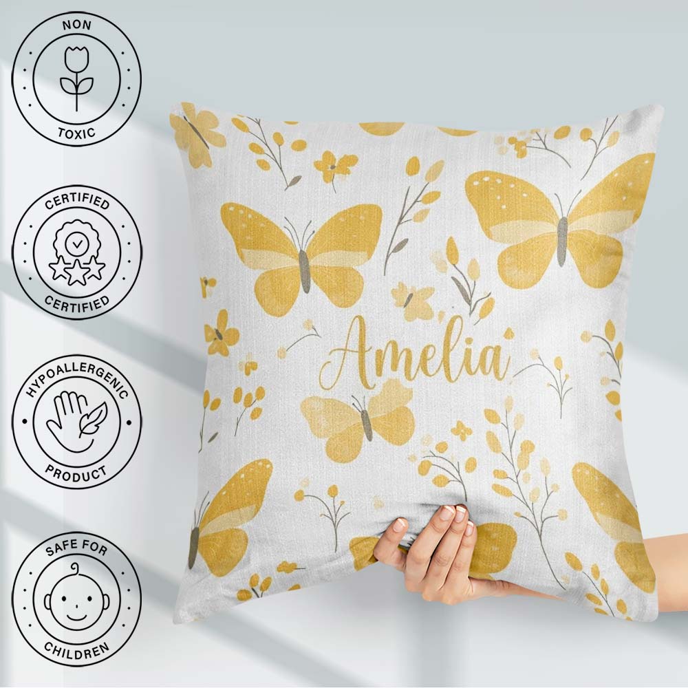 Custom Name Yellow Butterflies Floral Seamless Pattern Name Cute Square Filled Cushion Throw Pillow Sofa Bed Home Decor Zip Washable UK Made