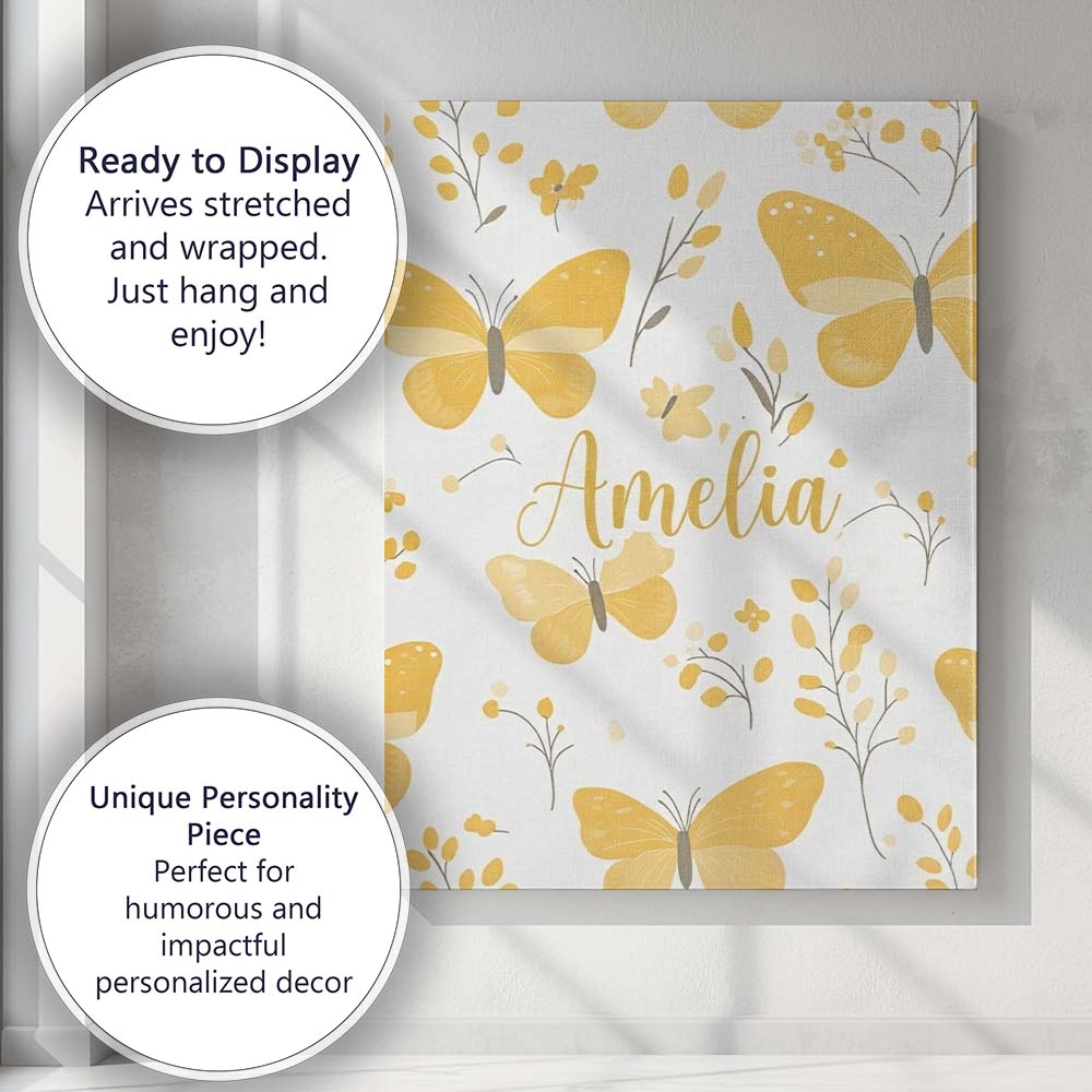 Personalised Name Yellow Butterflies Floral Custom Bespoke Interior Contemporary Canvas Wall Art Print Decor Picture Ready to Hang