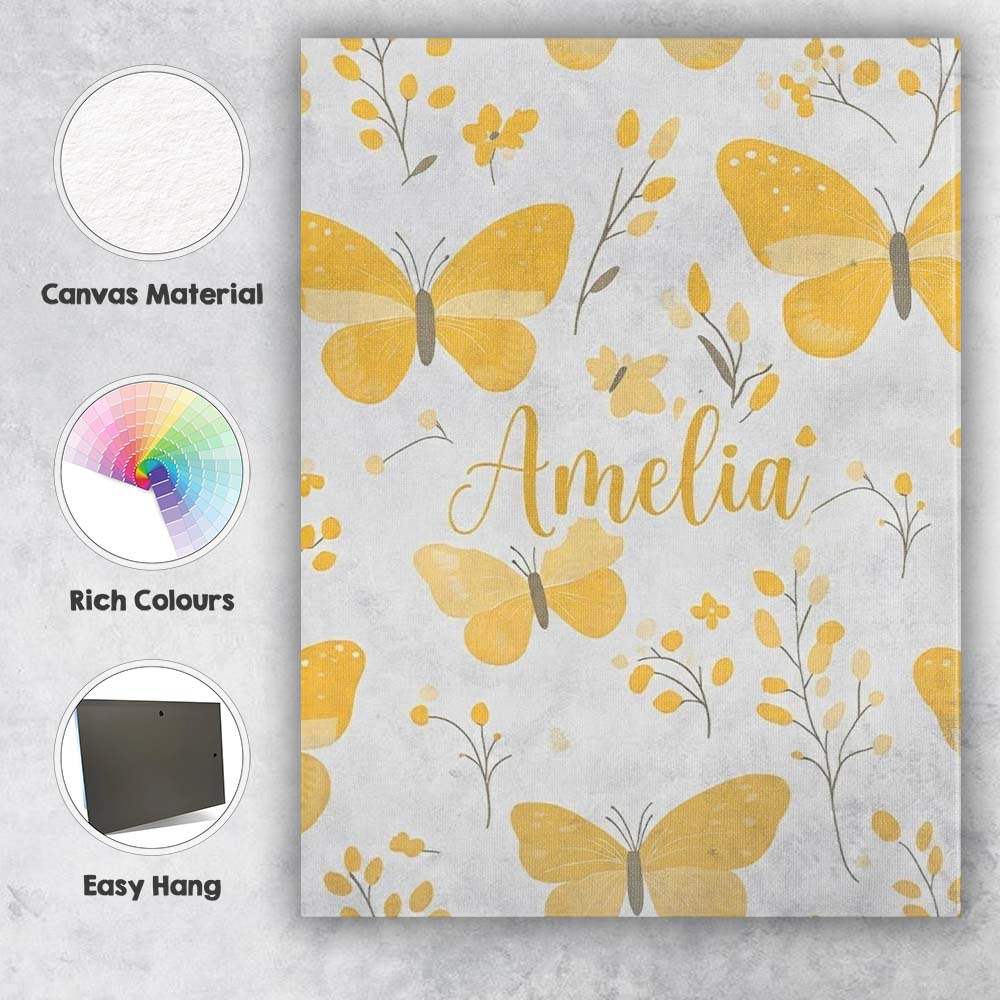 Personalised Name Yellow Butterflies Floral Custom Bespoke Interior Contemporary Canvas Wall Art Print Decor Picture Ready to Hang
