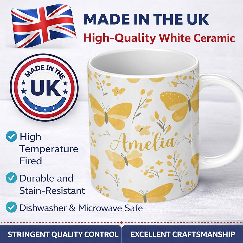 Personalized Custom Name Yellow Butterflies Floral Spring Seamless Pattern Name Cute Unique 11oz Ceramic Coffee Tea Mug White Large Handle