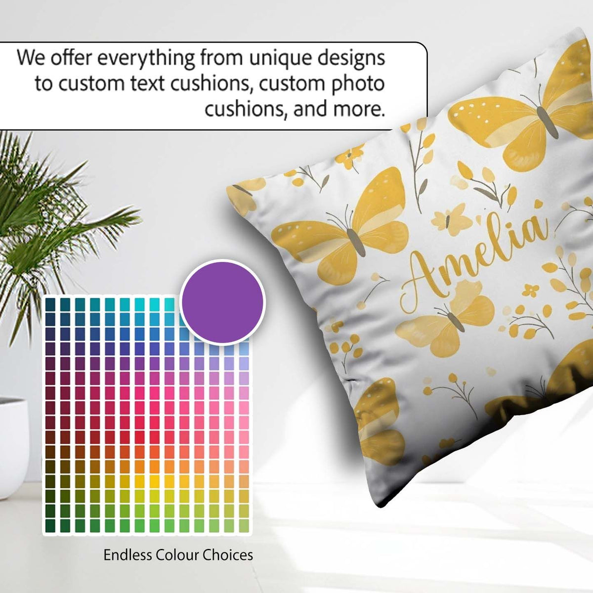 Custom Name Yellow Butterflies Floral Seamless Pattern Name Cute Square Filled Cushion Throw Pillow Sofa Bed Home Decor Zip Washable UK Made