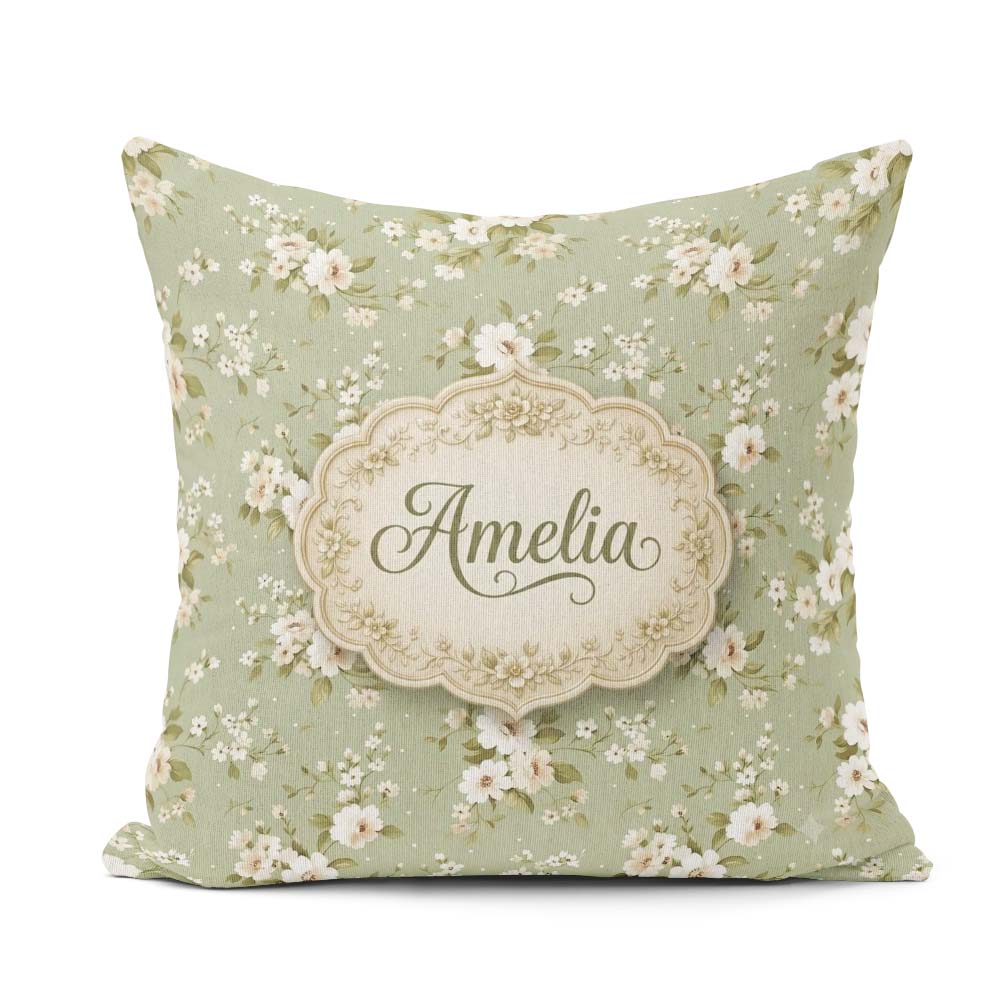 Custom Name Elegant White Flowers Green Background Seamless Name Square Filled Cushion Throw Pillow Sofa Bed Home Decor Zip Washable UK Made