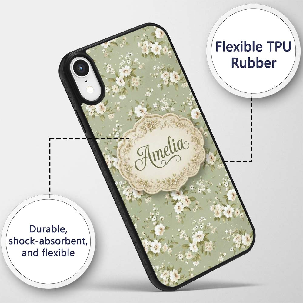 Elegant White Flowers Green Background Seamless Custom Name Protective Phone Case Mobile Cover Durable Everyday Smartphone Shock Resistant
