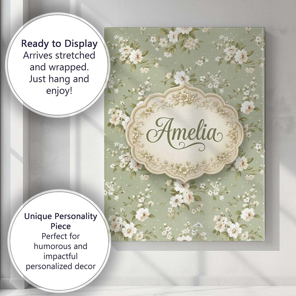 Personalised Name Elegant White Flowers Custom Unique Gift Idea Modern Room Accent Canvas Wall Art Print Decor Picture Ready to Hang