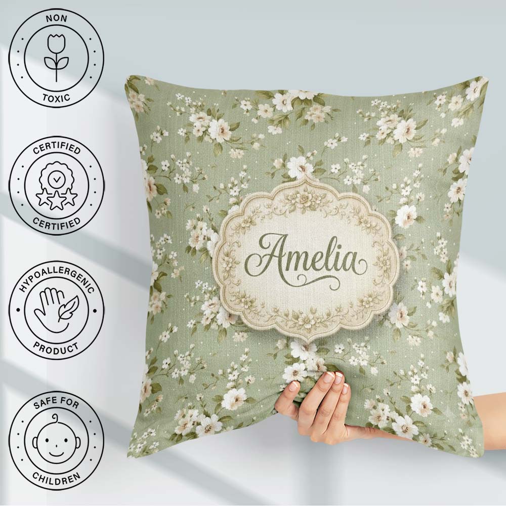 Custom Name Elegant White Flowers Green Background Seamless Name Square Filled Cushion Throw Pillow Sofa Bed Home Decor Zip Washable UK Made