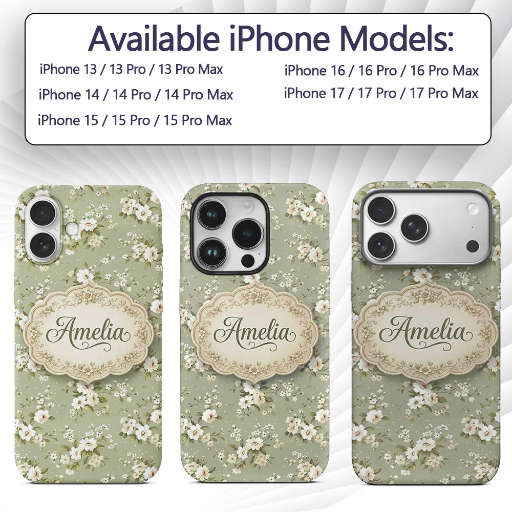 Elegant White Flowers Green Background Seamless Custom Name Protective Phone Case Mobile Cover Durable Everyday Smartphone Shock Resistant