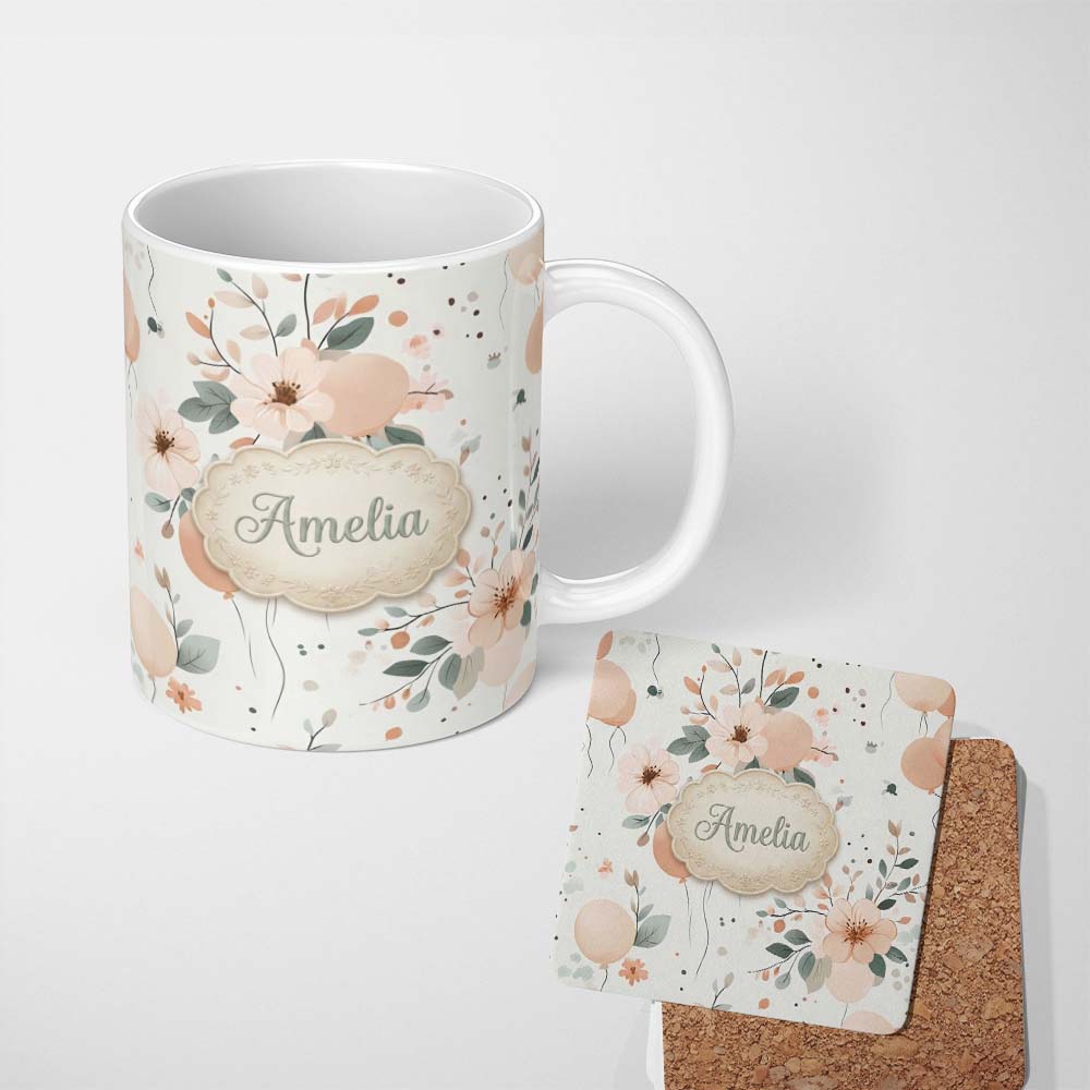 Personalized Custom Name Soft Pastel Flowers Abstract Shapes Seamless Pattern Name Cute 11oz Ceramic Coffee Tea Mug White Large Handle