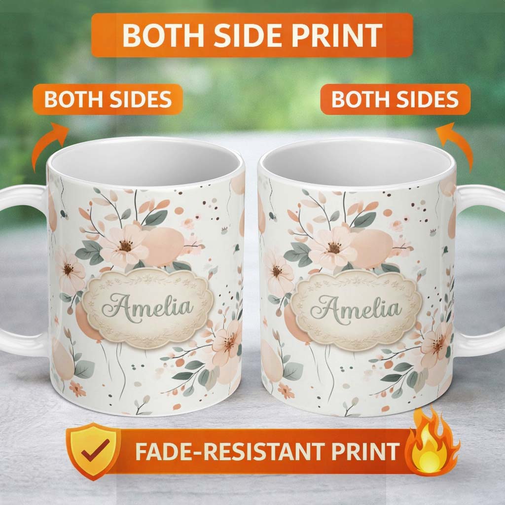 Personalized Custom Name Soft Pastel Flowers Abstract Shapes Seamless Pattern Name Cute 11oz Ceramic Coffee Tea Mug White Large Handle
