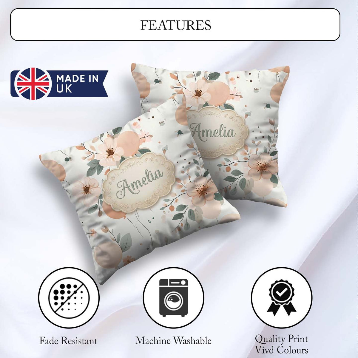Custom Name Soft Pastel Flowers Abstract Shapes Seamless Pattern Square Filled Cushion Throw Pillow Sofa Bed Home Decor Zip Washable UK Made