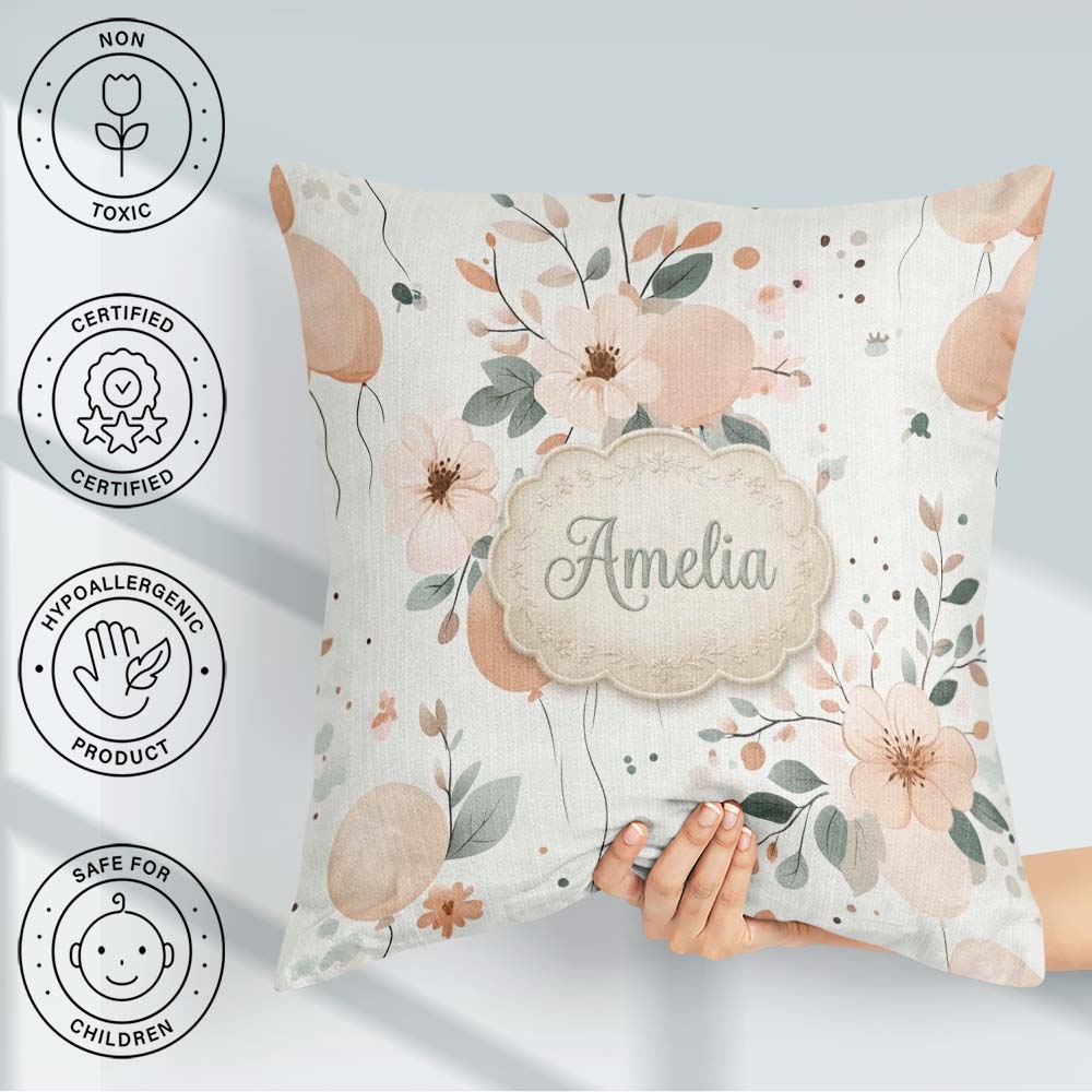 Custom Name Soft Pastel Flowers Abstract Shapes Seamless Pattern Square Filled Cushion Throw Pillow Sofa Bed Home Decor Zip Washable UK Made
