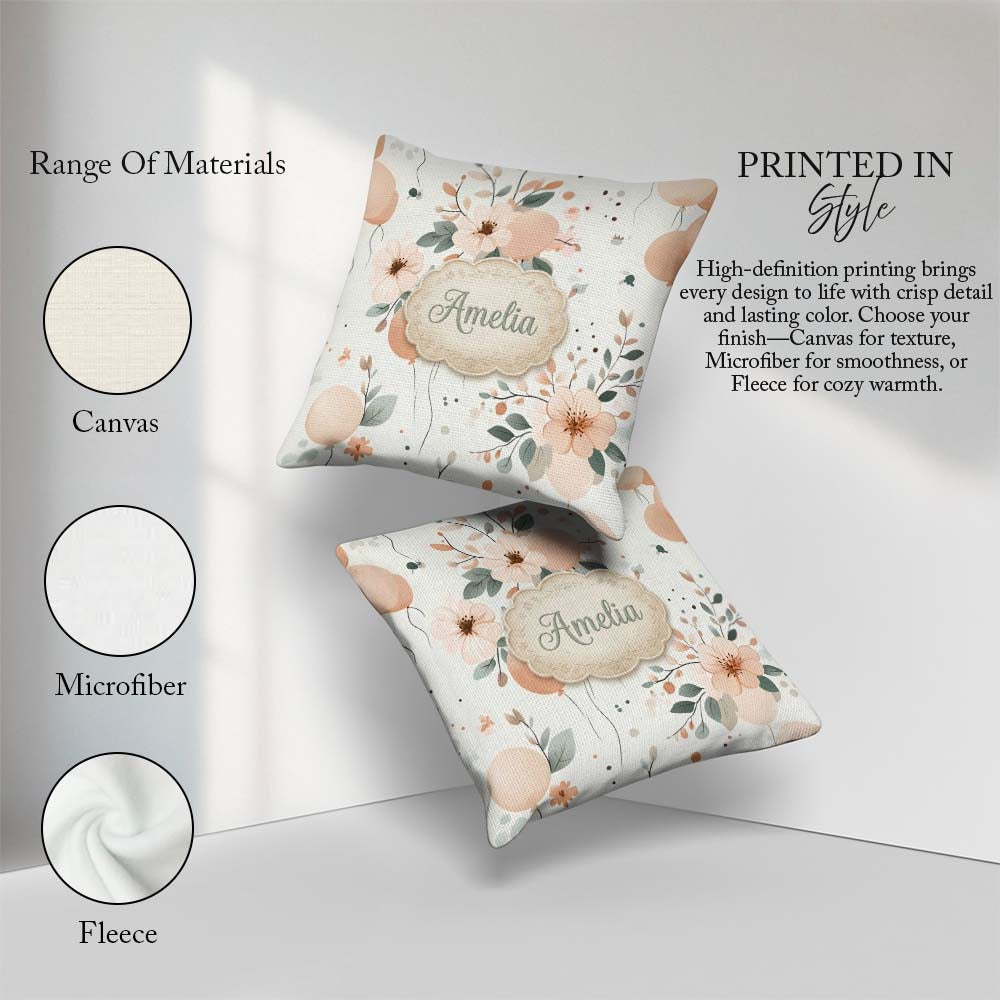 Custom Name Soft Pastel Flowers Abstract Shapes Seamless Pattern Square Filled Cushion Throw Pillow Sofa Bed Home Decor Zip Washable UK Made