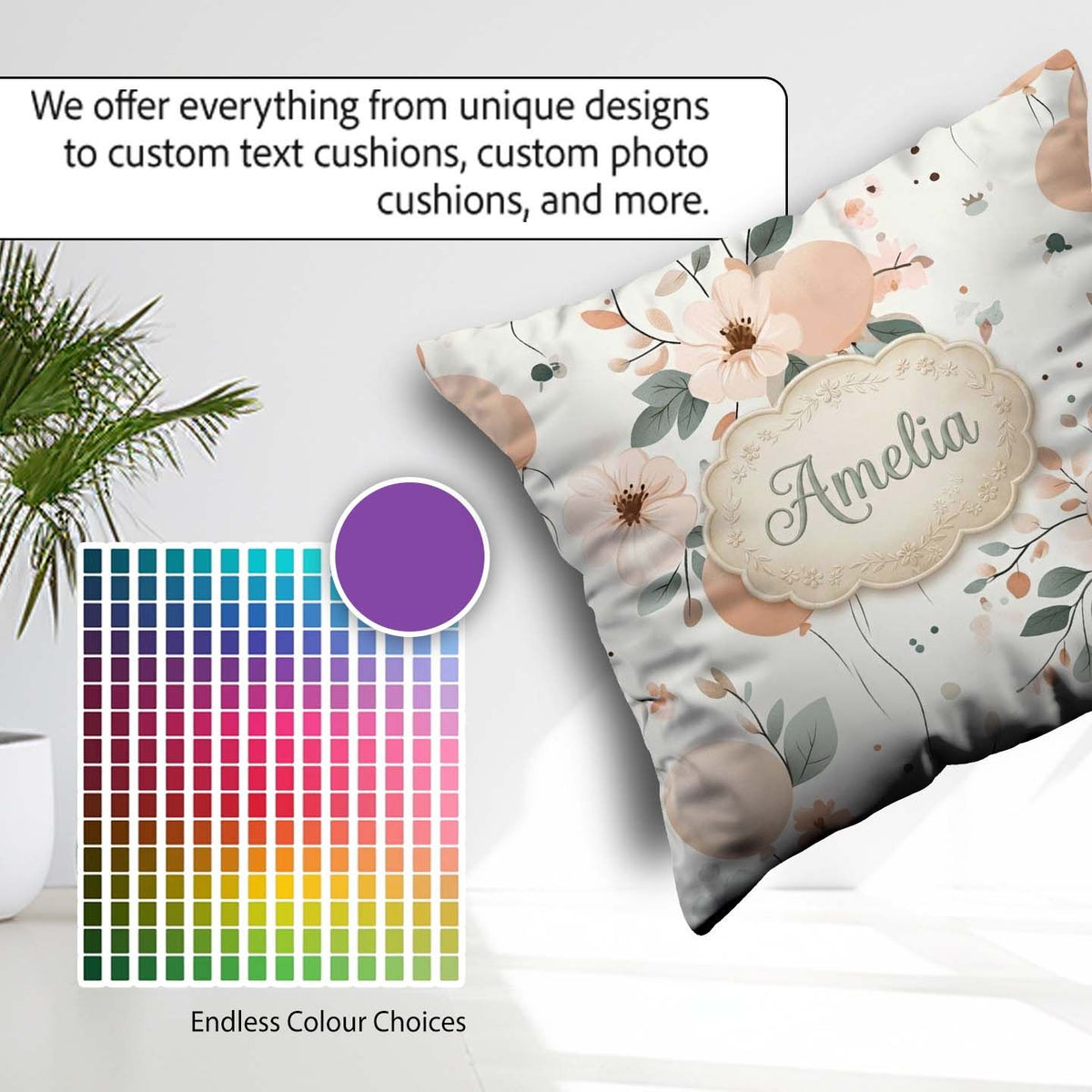 Custom Name Soft Pastel Flowers Abstract Shapes Seamless Pattern Square Filled Cushion Throw Pillow Sofa Bed Home Decor Zip Washable UK Made
