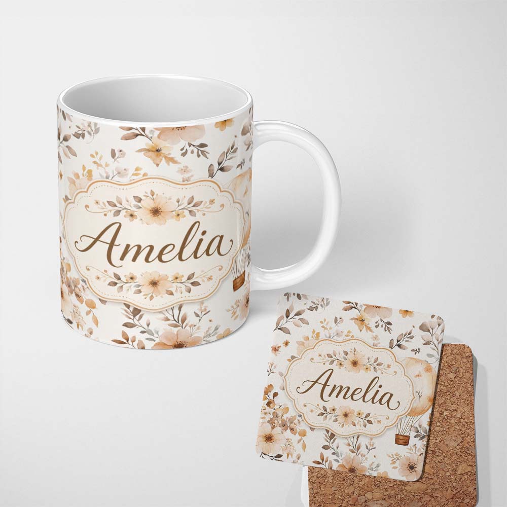 Personalized Custom Name Vintage Floral Hot Air Balloon Seamless Pattern Name Cute Unique 11oz Ceramic Coffee Tea Mug White Large Handle