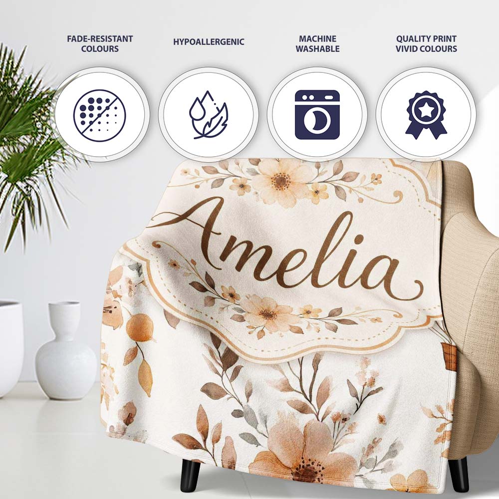 Vintage Floral Hot Air Balloon Seamless Pattern Name Cute Unique Personalised Custom Name Super Soft Fleece Blanket Bed Sofa Throw