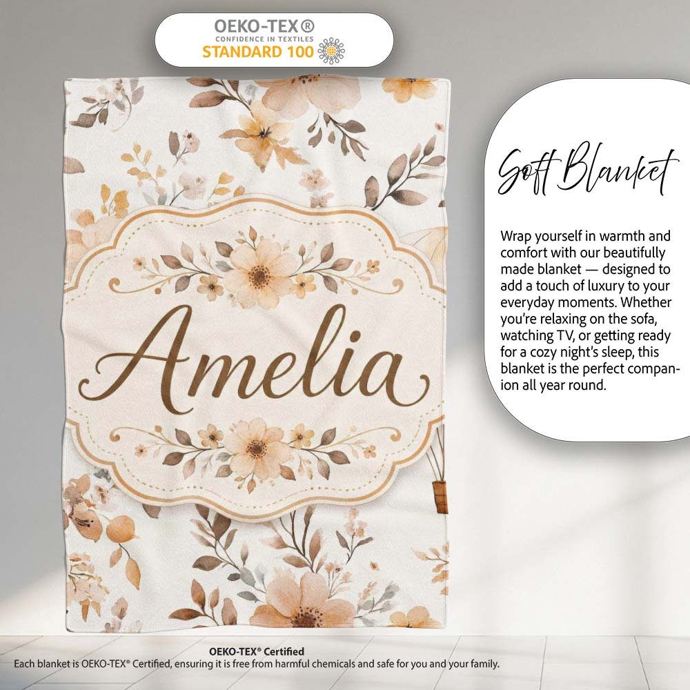 Vintage Floral Hot Air Balloon Seamless Pattern Name Cute Unique Personalised Custom Name Super Soft Fleece Blanket Bed Sofa Throw