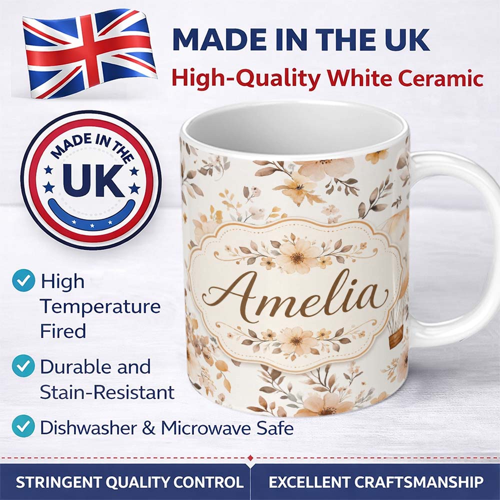 Personalized Custom Name Vintage Floral Hot Air Balloon Seamless Pattern Name Cute Unique 11oz Ceramic Coffee Tea Mug White Large Handle
