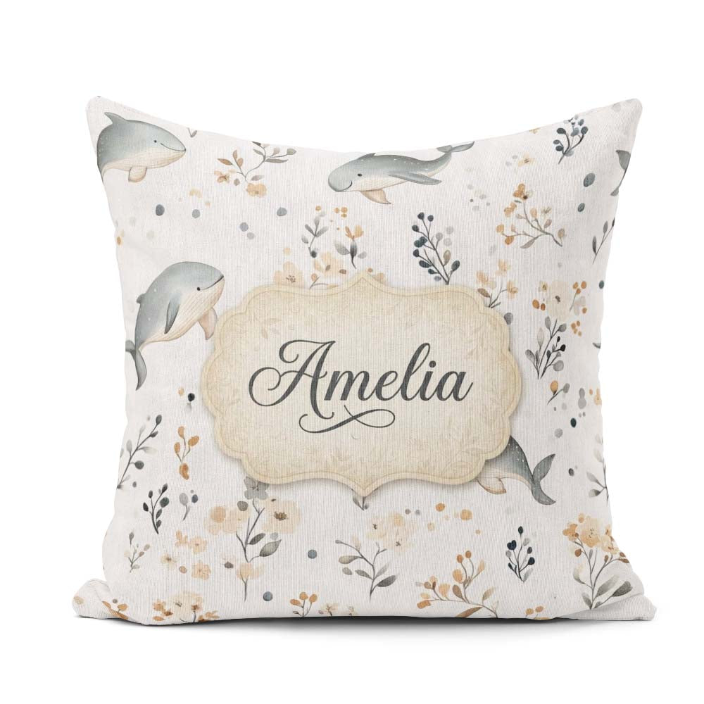 Custom Name Whales Ocean Floral Minimal Seamless Pattern Name Square Filled Cushion Throw Pillow Sofa Bed Home Decor Zip Washable UK Made