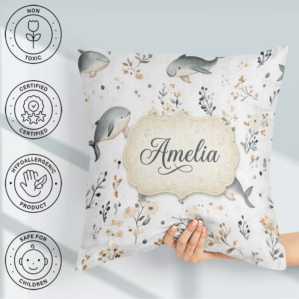 Custom Name Whales Ocean Floral Minimal Seamless Pattern Name Square Filled Cushion Throw Pillow Sofa Bed Home Decor Zip Washable UK Made