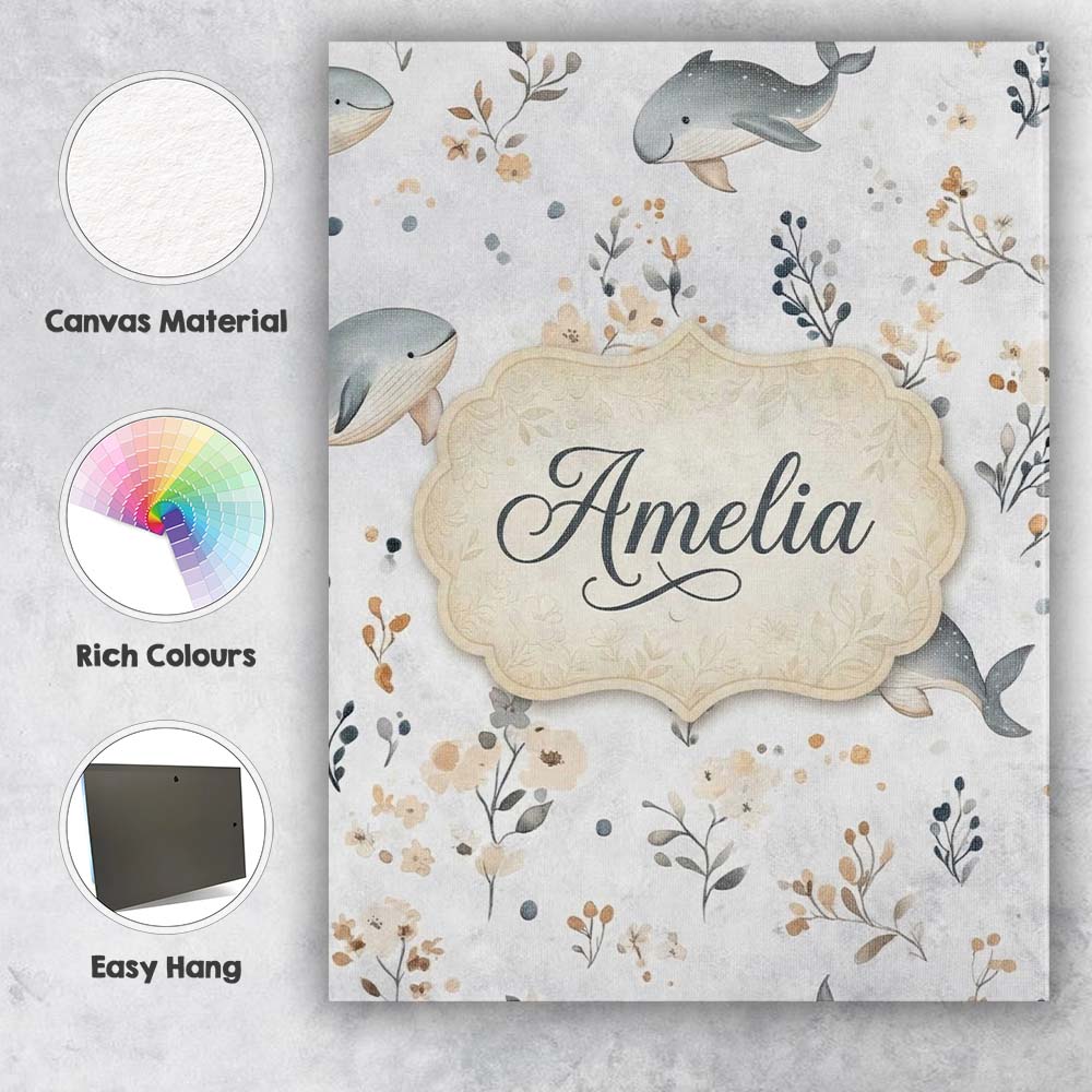Personalised Name Cute Whales Ocean Floral Custom Unique Gift Idea Elegant Feature Canvas Wall Art Print Decor Picture Ready to Hang