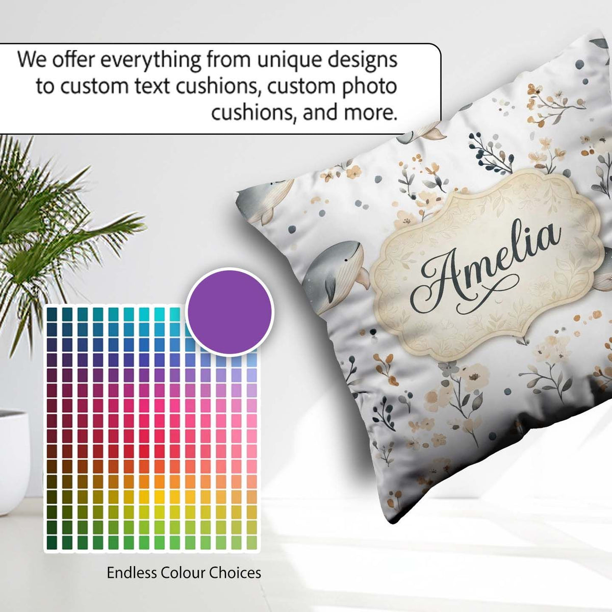Custom Name Whales Ocean Floral Minimal Seamless Pattern Name Square Filled Cushion Throw Pillow Sofa Bed Home Decor Zip Washable UK Made