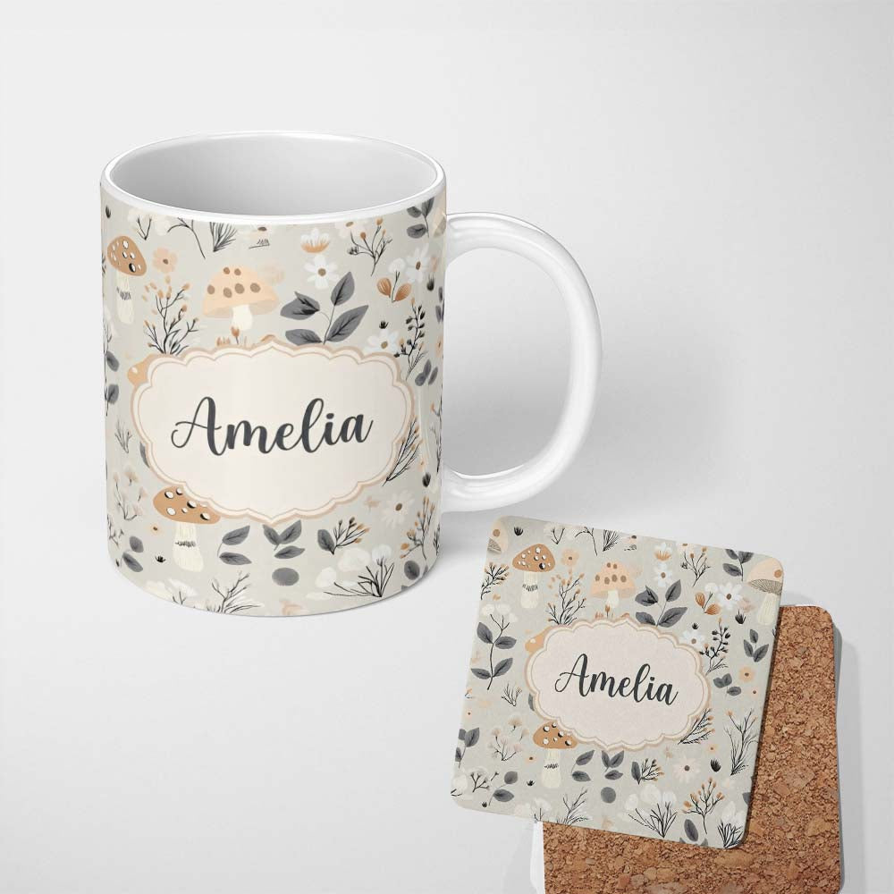 Personalized Custom Name Cute Woodland Mushrooms Floral Seamless Pattern Name Unique Gift 11oz Ceramic Coffee Tea Mug White Large Handle