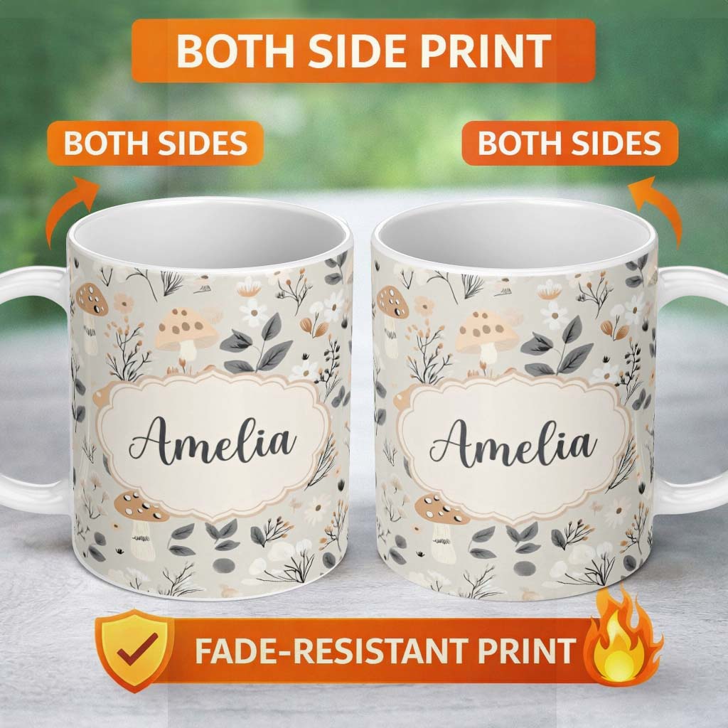 Personalized Custom Name Cute Woodland Mushrooms Floral Seamless Pattern Name Unique Gift 11oz Ceramic Coffee Tea Mug White Large Handle