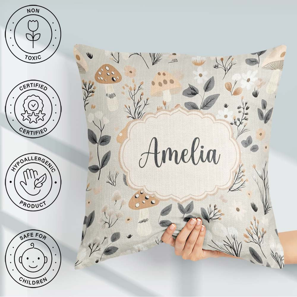 Custom Name Cute Woodland Mushrooms Floral Seamless Pattern Name Square Filled Cushion Throw Pillow Sofa Bed Home Decor Zip Washable UK Made