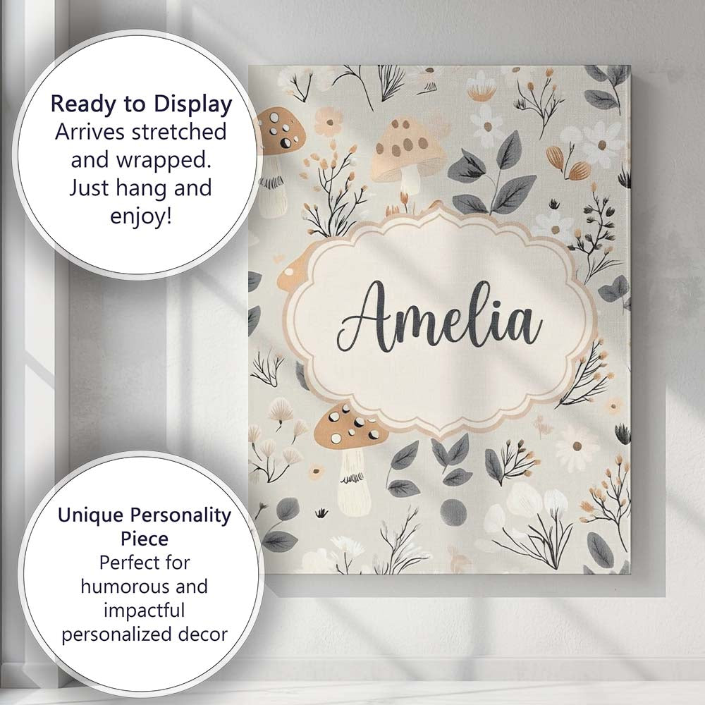 Personalised Name Cute Woodland Mushrooms Custom Unique Gift Idea Elegant Feature Canvas Wall Art Print Decor Picture Ready to Hang
