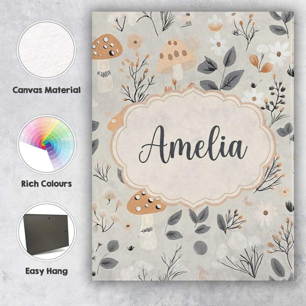 Personalised Name Cute Woodland Mushrooms Custom Unique Gift Idea Elegant Feature Canvas Wall Art Print Decor Picture Ready to Hang