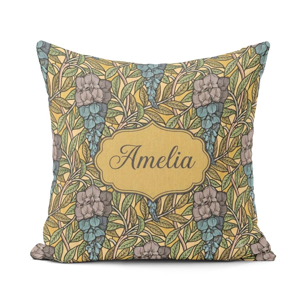 Custom Name Art Nouveau Floral Blue Yellow Seamless Pattern Name Square Filled Cushion Throw Pillow Sofa Bed Home Decor Zip Washable UK Made