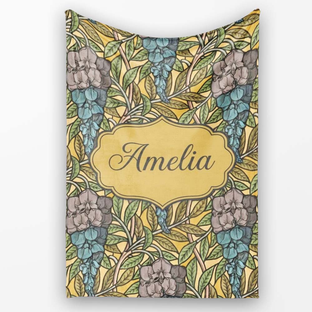 Art Nouveau Floral Blue Yellow Seamless Pattern Name Cute Unique Personalised Custom Name Super Soft Fleece Blanket Bed Sofa Throw