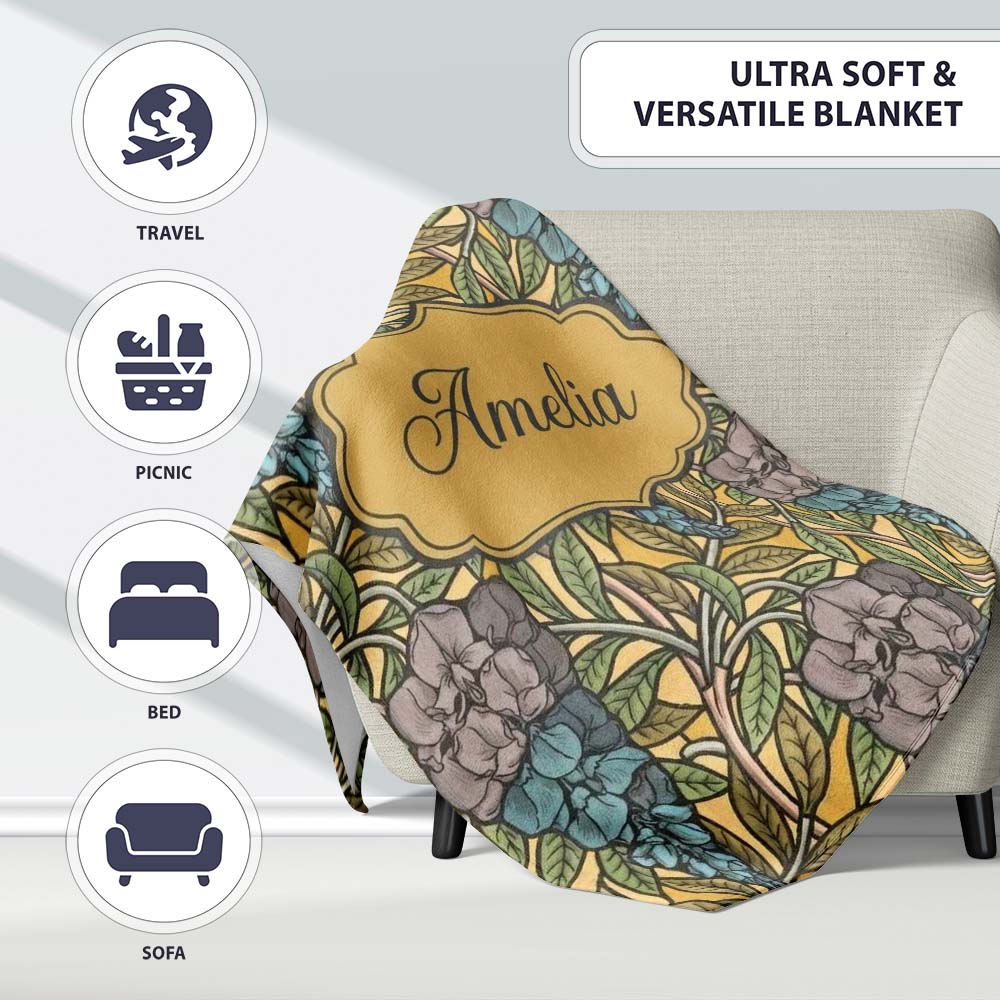 Art Nouveau Floral Blue Yellow Seamless Pattern Name Cute Unique Personalised Custom Name Super Soft Fleece Blanket Bed Sofa Throw
